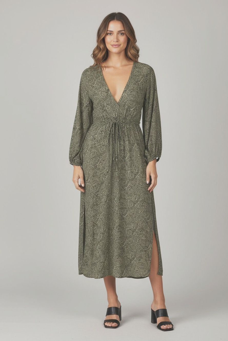 A8 NWOT VIX PAULA HERMANNY Olive Viscose Deep V Neck Slit Both Sides Dress Sz L